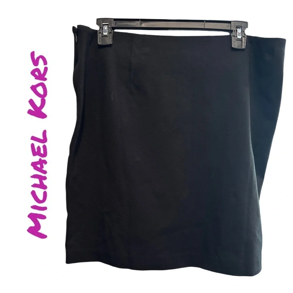 MICHAEL KORS Women's Black Skirt with Front Slit and Gold MK Buttons.